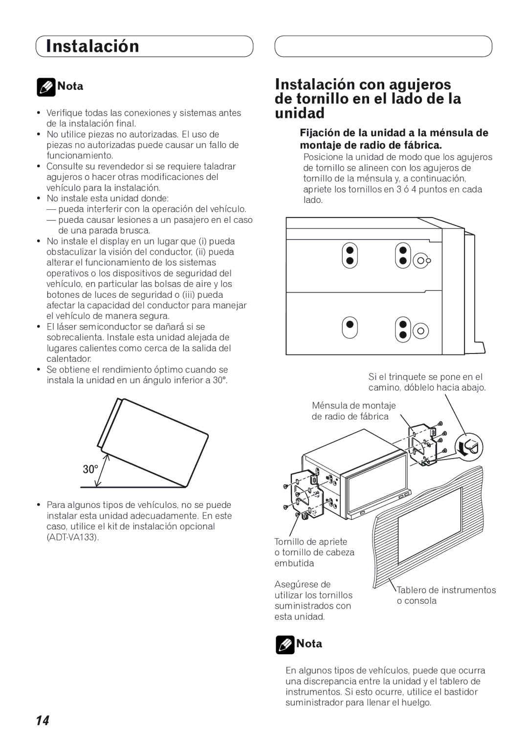 Pioneer AVH-P4100DVD installation manual Instalación con agujeros de tornillo en el lado de la unidad 