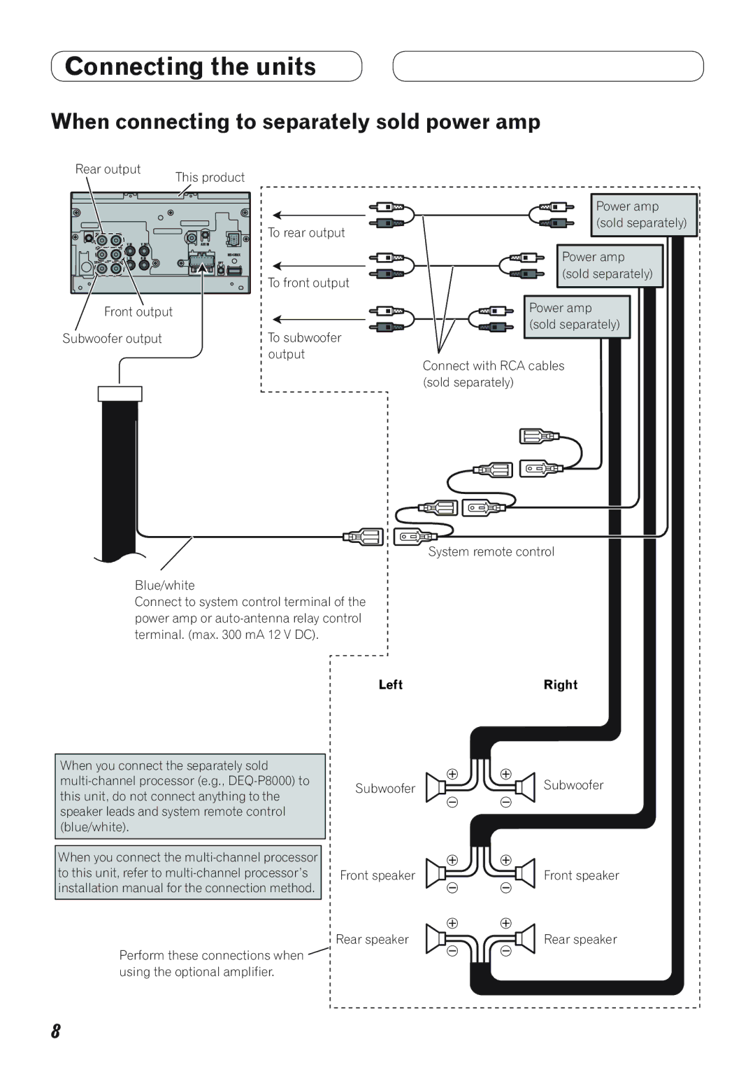 Pioneer AVH-P4100DVD installation manual When connecting to separately sold power amp, LeftRight 