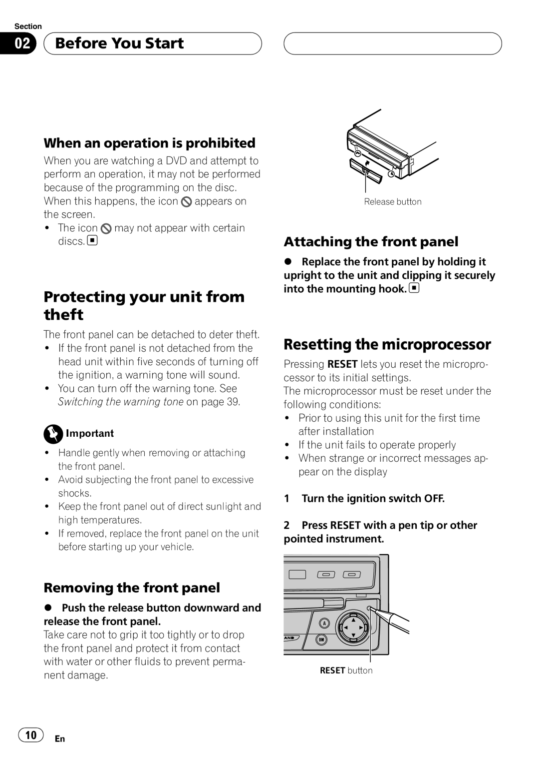 Pioneer AVH-P4900D Protecting your unit from theft, Resetting the microprocessor, When an operation is prohibited 