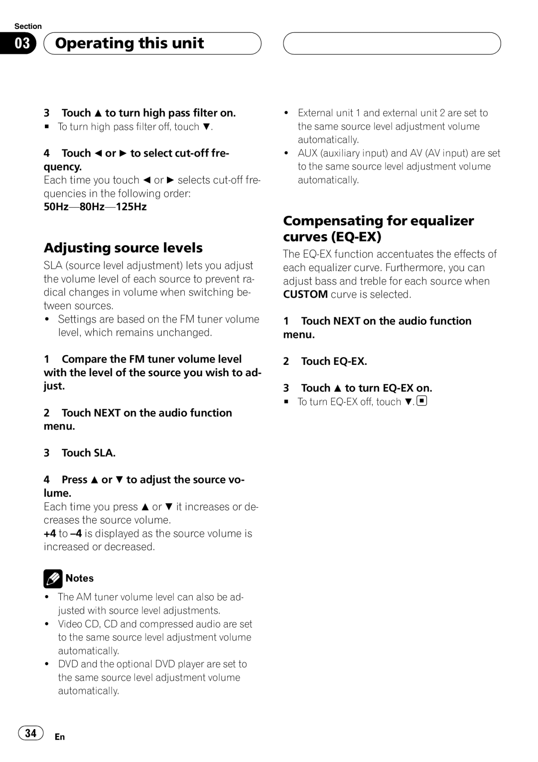 Pioneer AVH-P4900D Adjusting source levels, Compensating for equalizer curves EQ-EX, Operating this unit, 34 En 