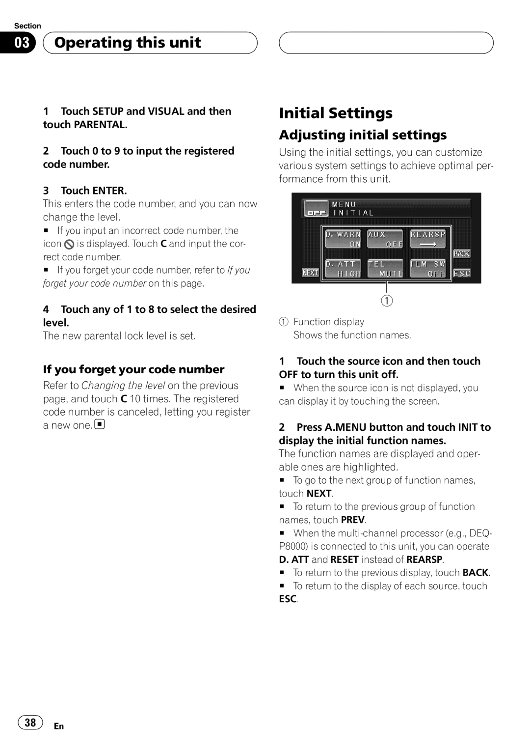 Pioneer AVH-P4900D Initial Settings, Adjusting initial settings, If you forget your code number, Operating this unit 