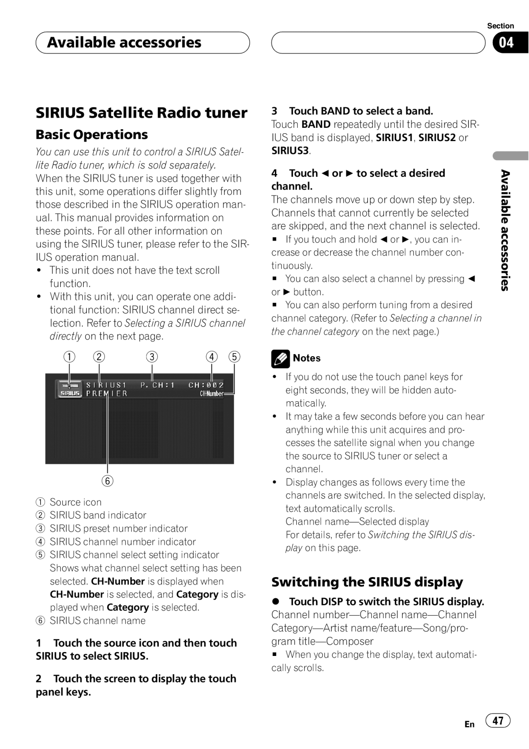 Pioneer AVH-P4900D Available accessories SIRIUS Satellite Radio tuner, Switching the SIRIUS display, Basic Operations 