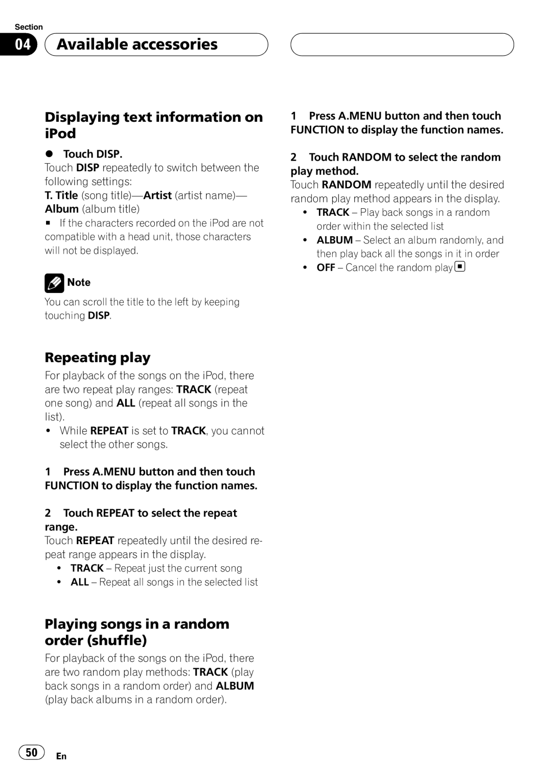 Pioneer AVH-P4900D Displaying text information on iPod, Playing songs in a random order shuffle, Available accessories 