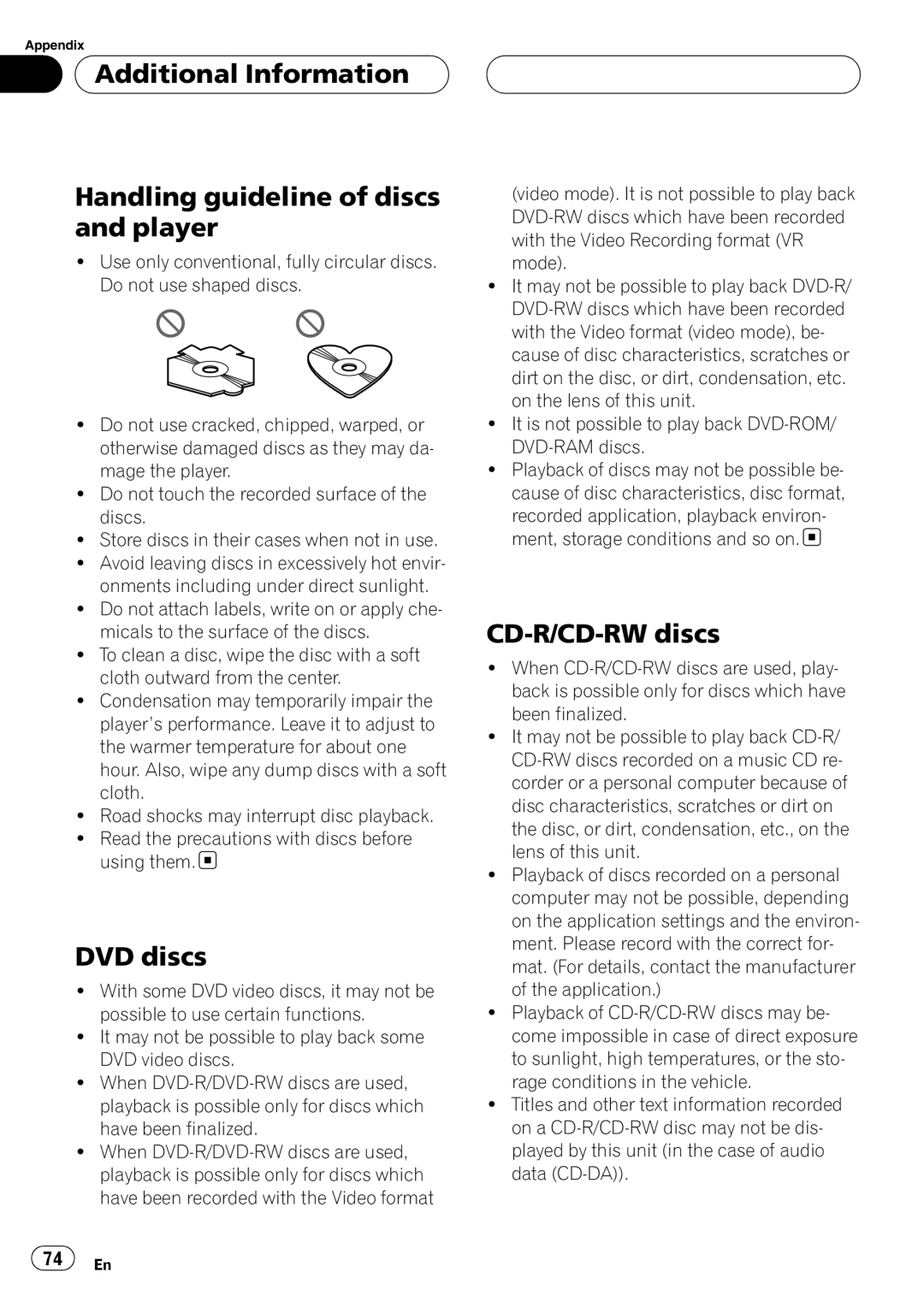 Pioneer AVH-P4900D Additional Information Handling guideline of discs and player, DVD discs, CD-R/CD-RW discs 