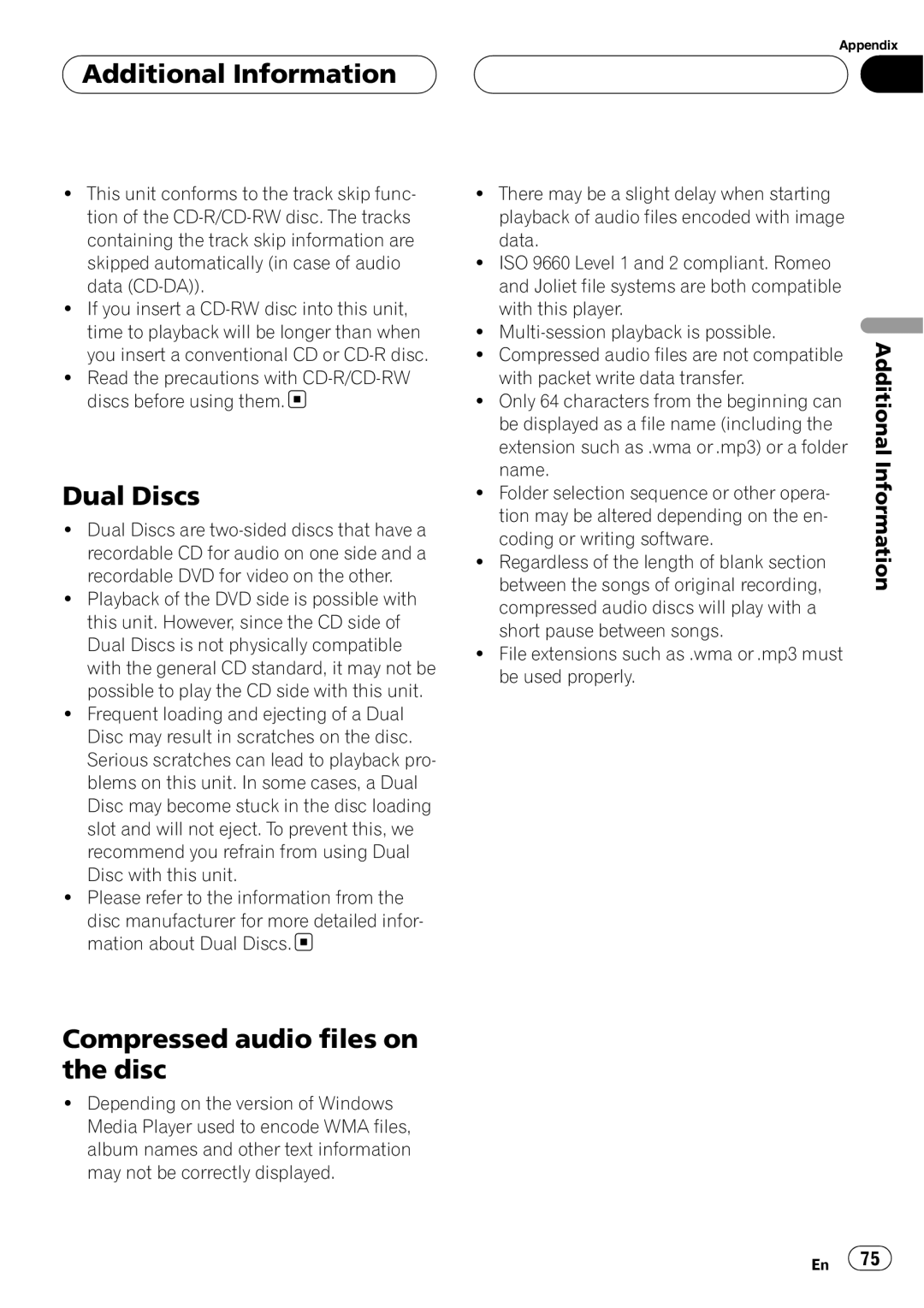 Pioneer AVH-P4900D operation manual Dual Discs, Compressed audio files on the disc, Additional Information 