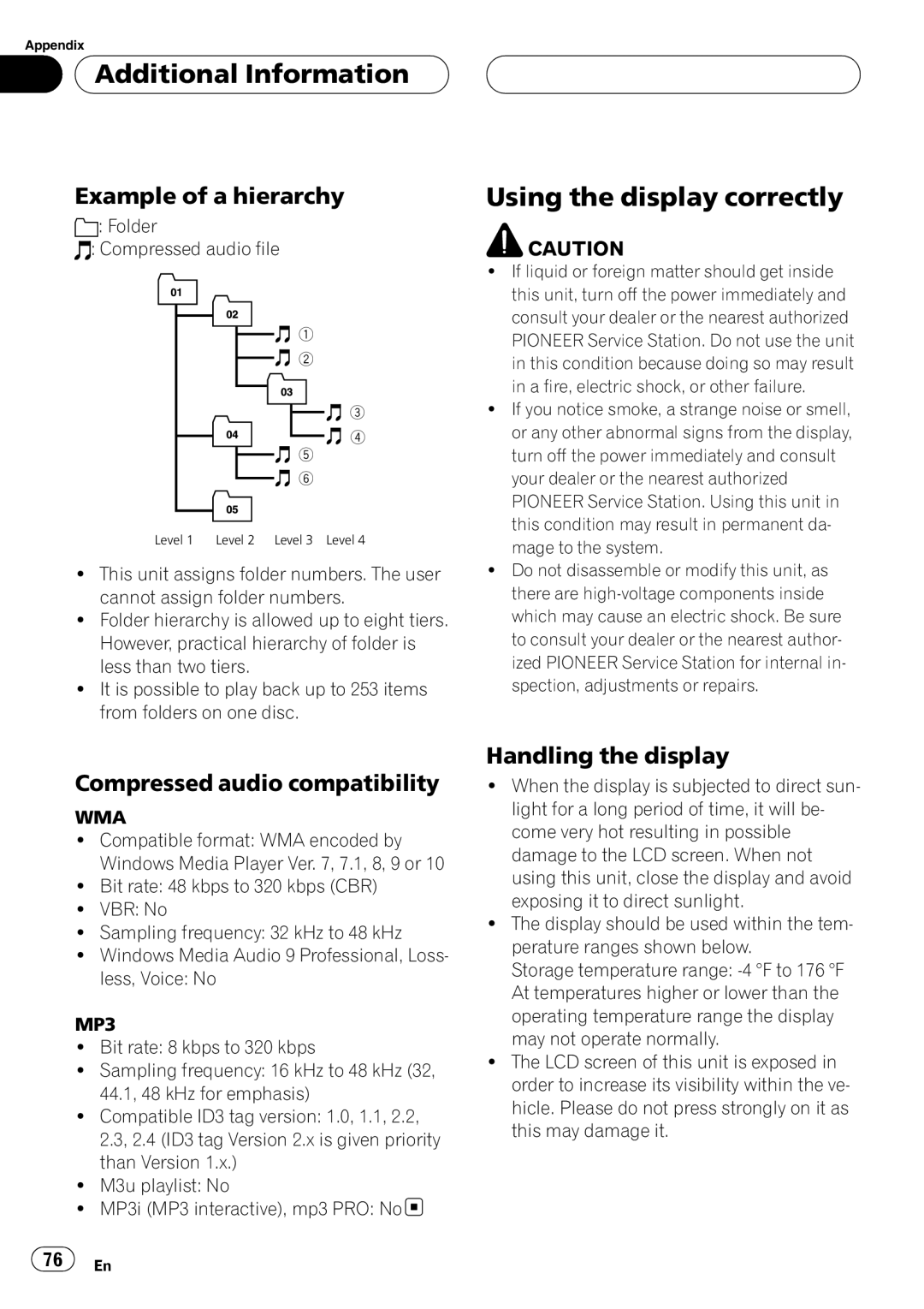 Pioneer AVH-P4900D operation manual Using the display correctly, Example of a hierarchy, Compressed audio compatibility 