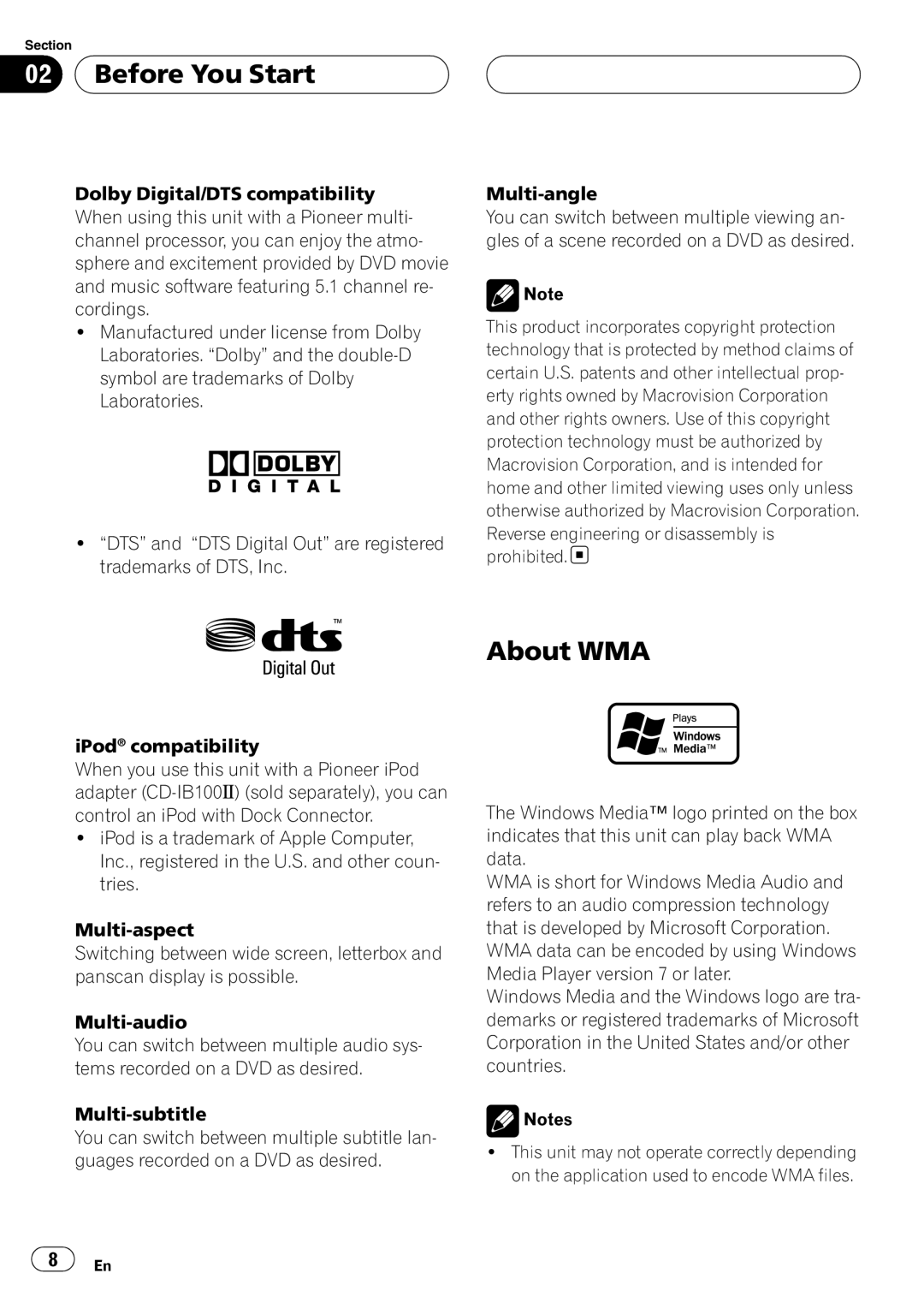 Pioneer AVH-P4900D About WMA, Before You Start, “DTS” and “DTS Digital Out” are registered trademarks of DTS, Inc 