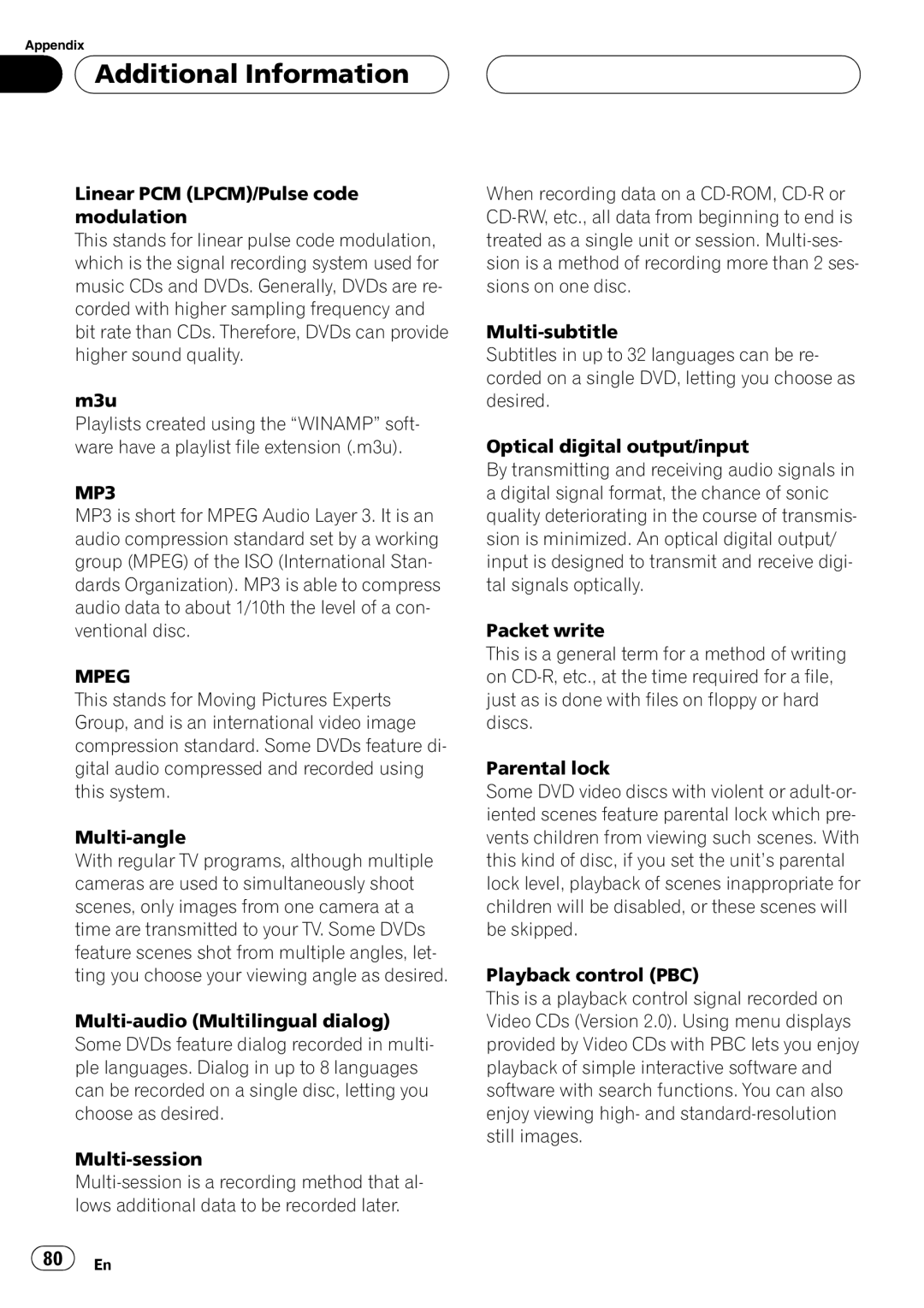 Pioneer AVH-P4900D operation manual Additional Information, 80 En 