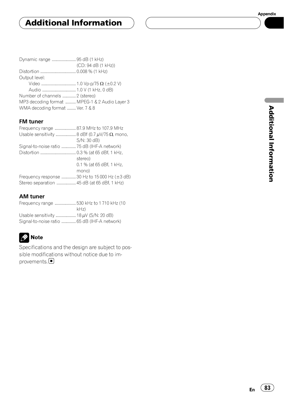 Pioneer AVH-P4900D operation manual Additional Information, FM tuner, AM tuner 