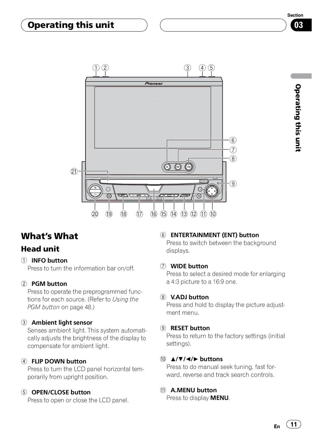 Pioneer AVH-P4950DVD operation manual Operating this unit, What’s What, Head unit 