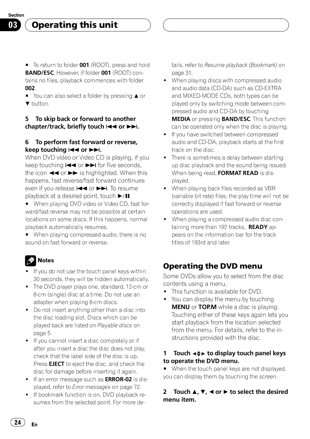 Pioneer AVH-P4950DVD operation manual Operating the DVD menu, Tails, refer to Resume playback Bookmark on 