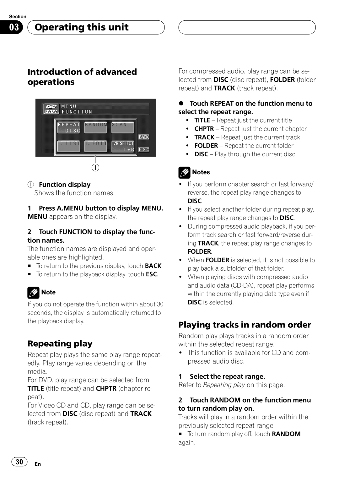 Pioneer AVH-P4950DVD Introduction of advanced operations, Repeating play, Playing tracks in random order, Folder 