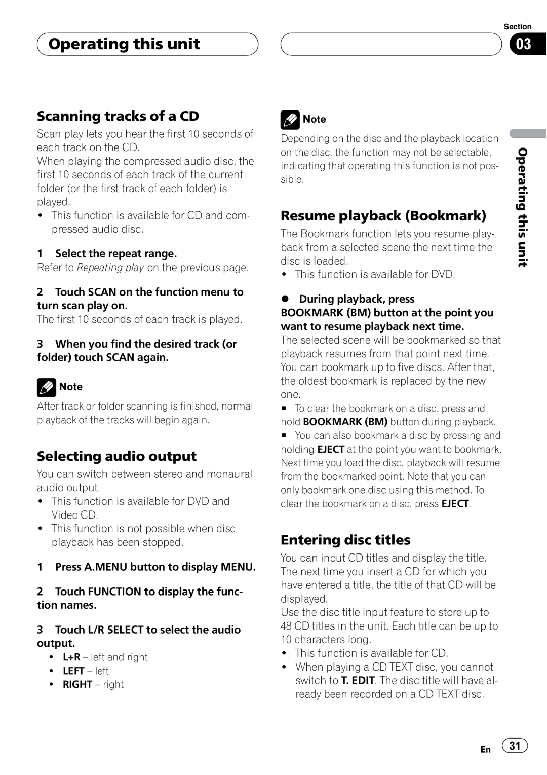 Pioneer AVH-P4950DVD Scanning tracks of a CD, Selecting audio output, Resume playback Bookmark, Entering disc titles 