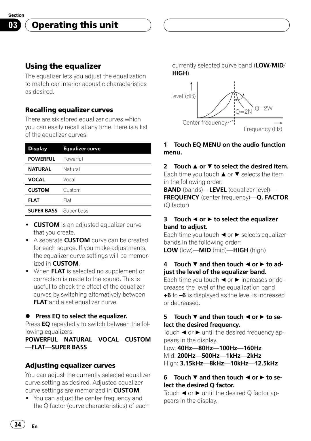 Pioneer AVH-P4950DVD operation manual Using the equalizer, Recalling equalizer curves, Adjusting equalizer curves 