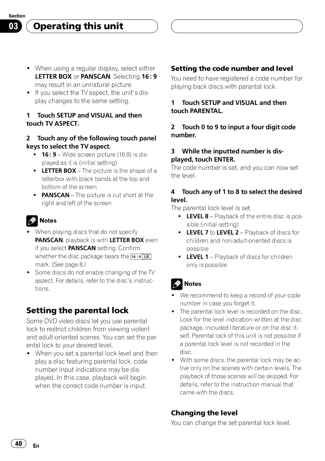 Pioneer AVH-P4950DVD operation manual Setting the parental lock, Setting the code number and level, Changing the level 