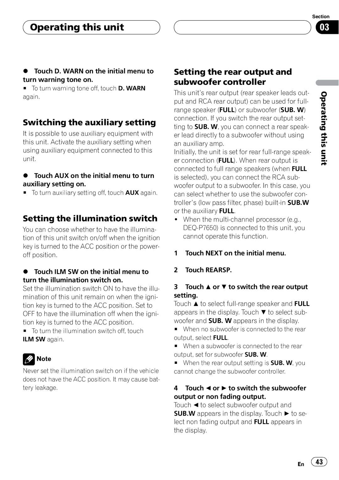 Pioneer AVH-P4950DVD operation manual Switching the auxiliary setting, Setting the illumination switch 