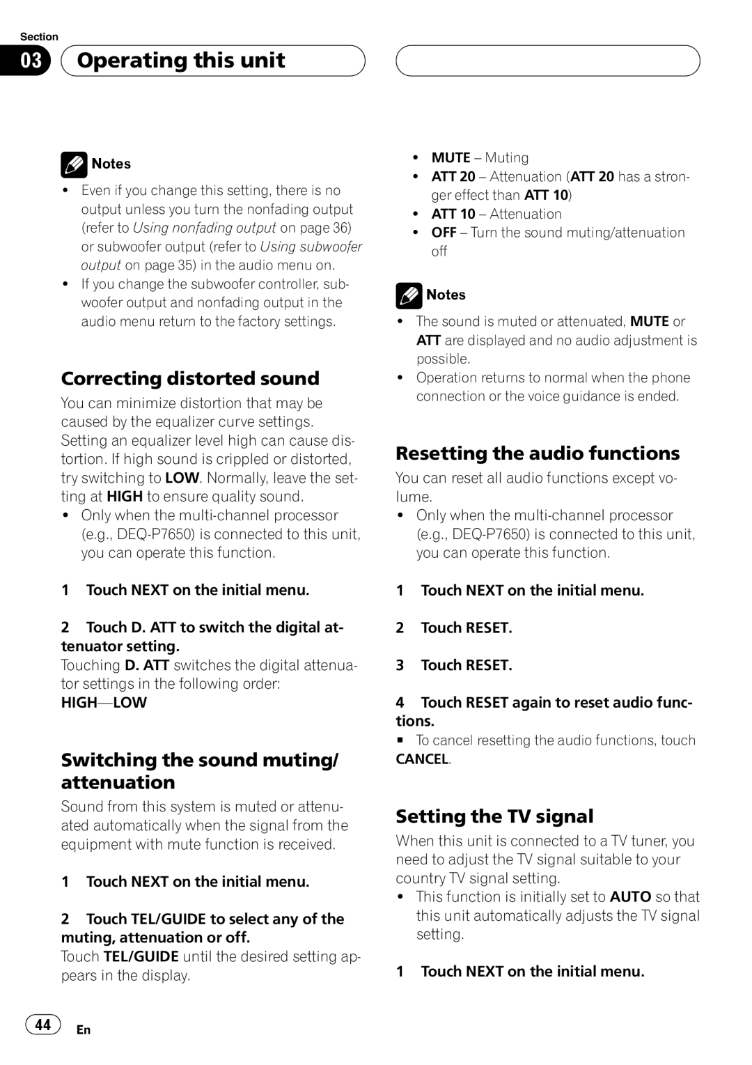 Pioneer AVH-P4950DVD Correcting distorted sound, Switching the sound muting/ attenuation, Resetting the audio functions 