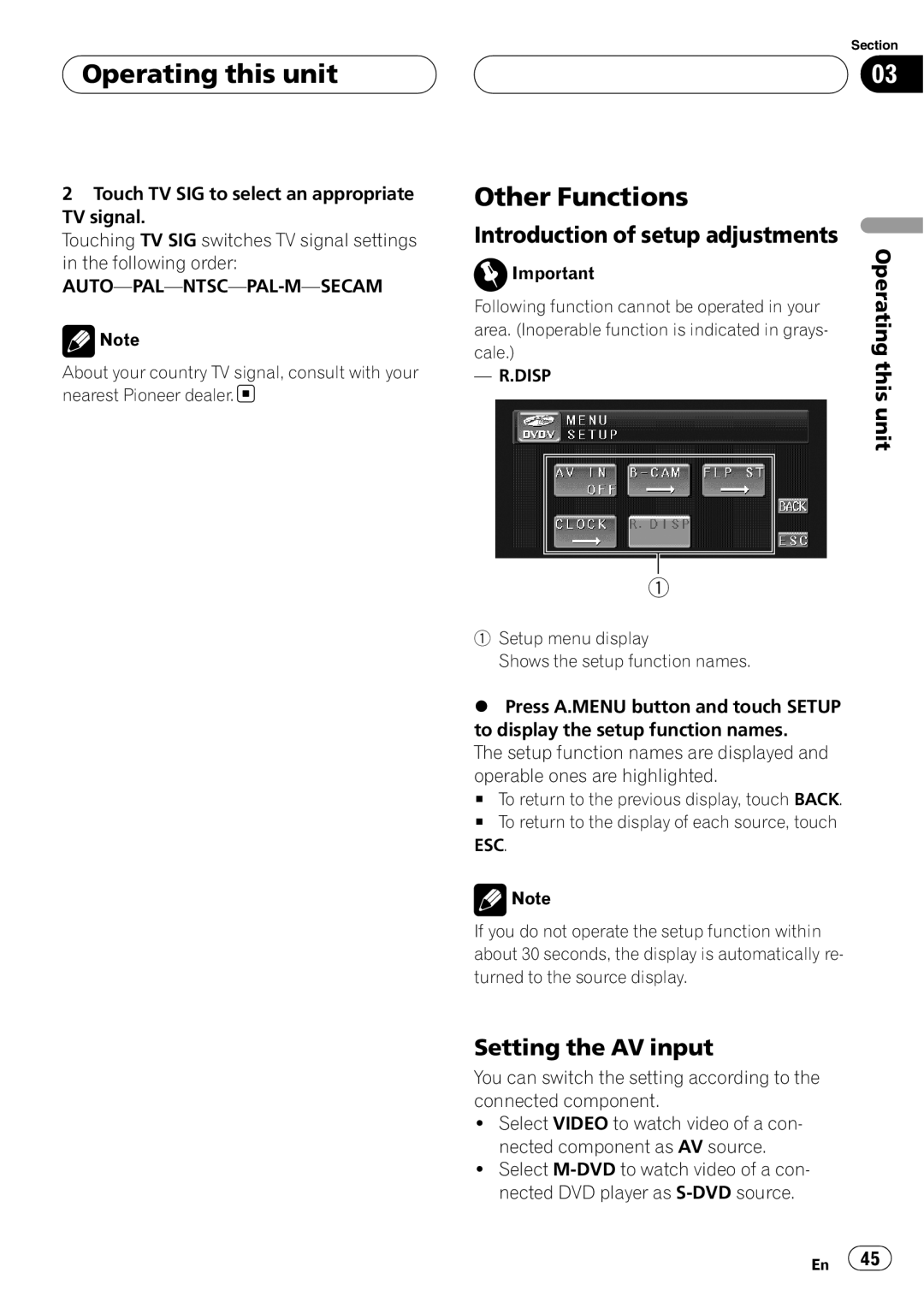 Pioneer AVH-P4950DVD operation manual Other Functions, Introduction of setup adjustments, Setting the AV input, Disp 