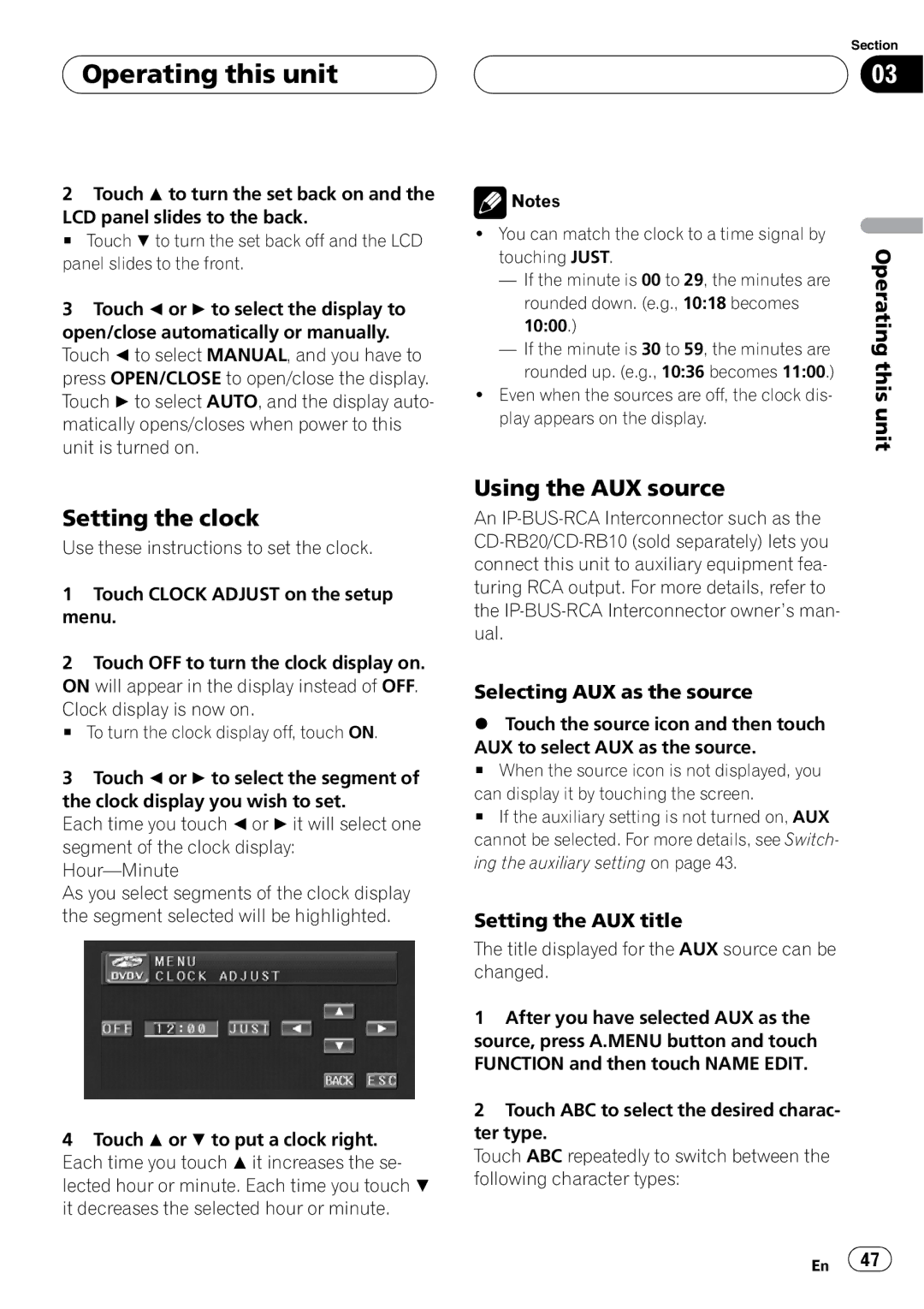 Pioneer AVH-P4950DVD Setting the clock, Using the AUX source, Selecting AUX as the source, Setting the AUX title 