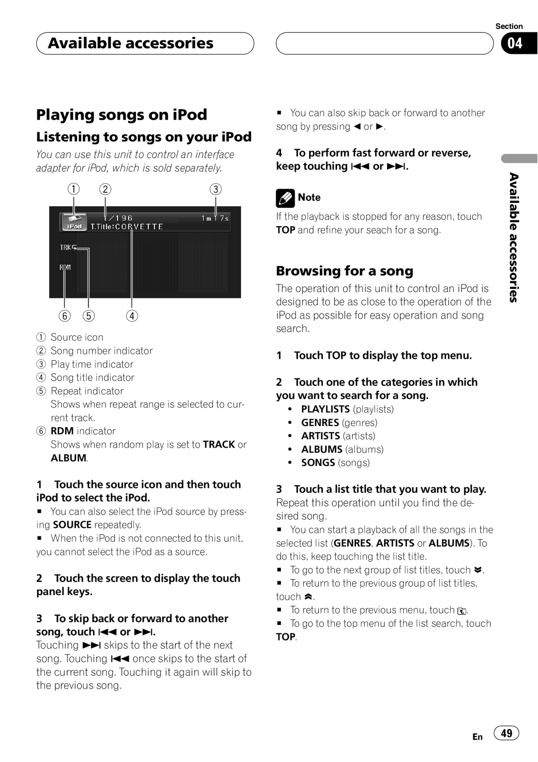 Pioneer AVH-P4950DVD Available accessories Playing songs on iPod, Listening to songs on your iPod, Browsing for a song 