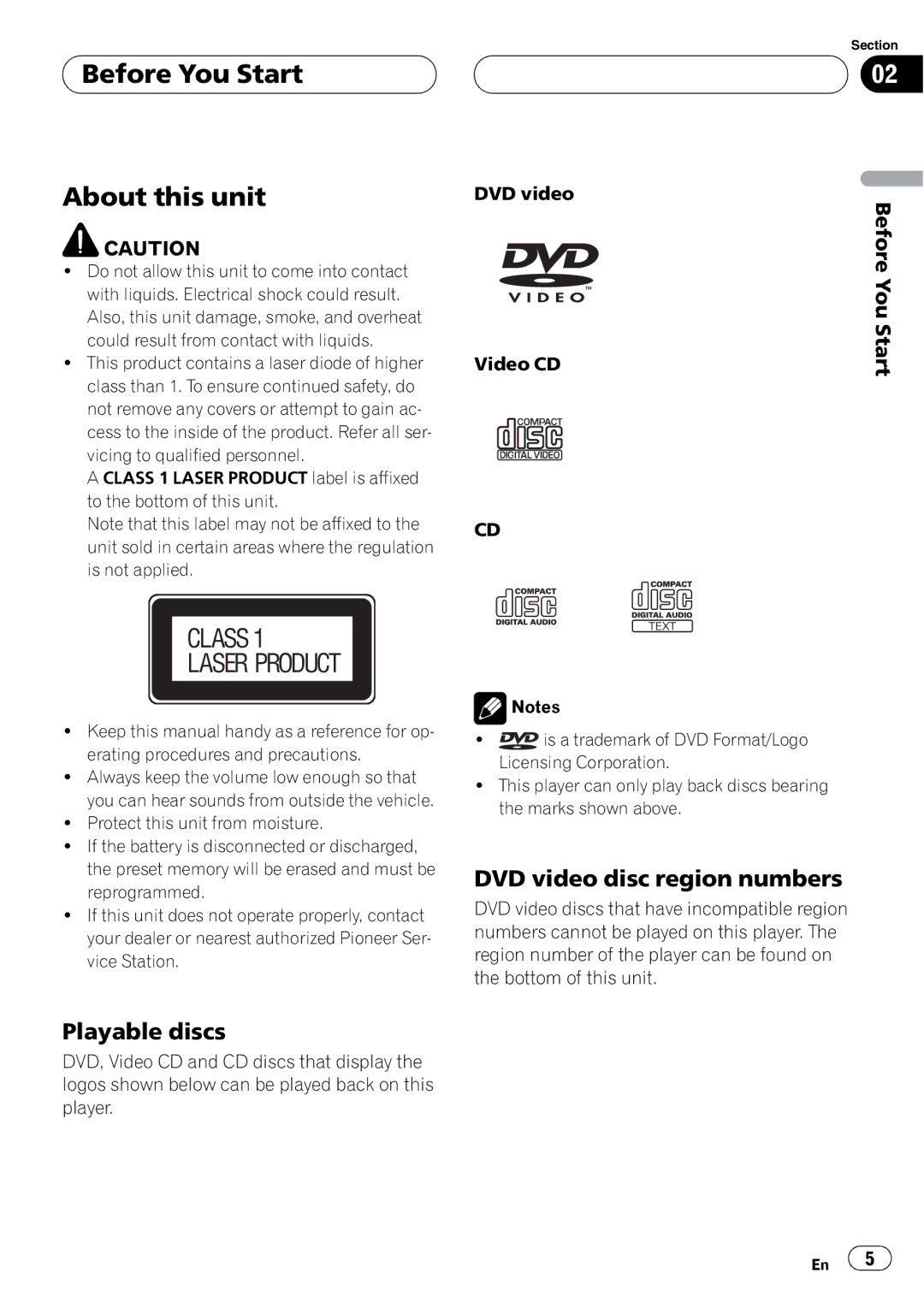 Pioneer AVH-P4950DVD operation manual Before You Start About this unit, Playable discs, DVD video disc region numbers 