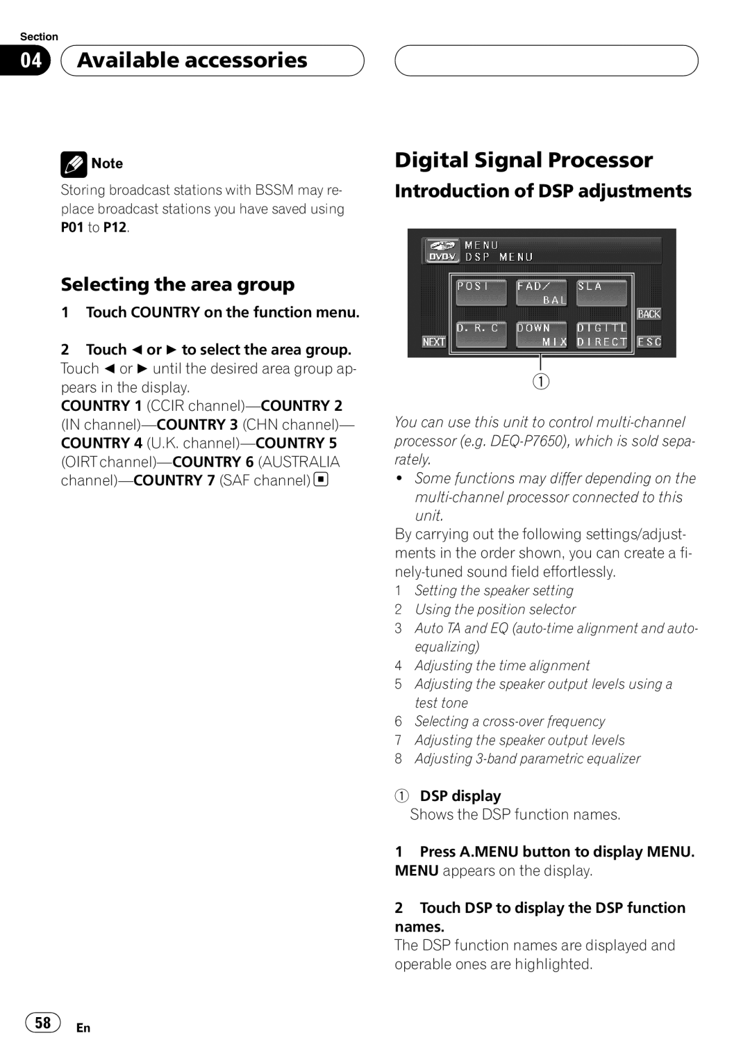 Pioneer AVH-P4950DVD operation manual Digital Signal Processor, Selecting the area group, Introduction of DSP adjustments 