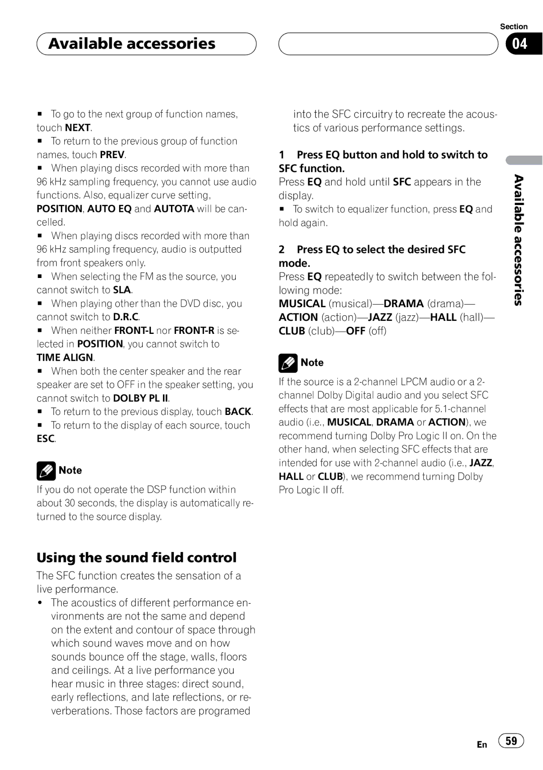 Pioneer AVH-P4950DVD operation manual Using the sound field control, Time Align, Press EQ and hold until SFC appears 