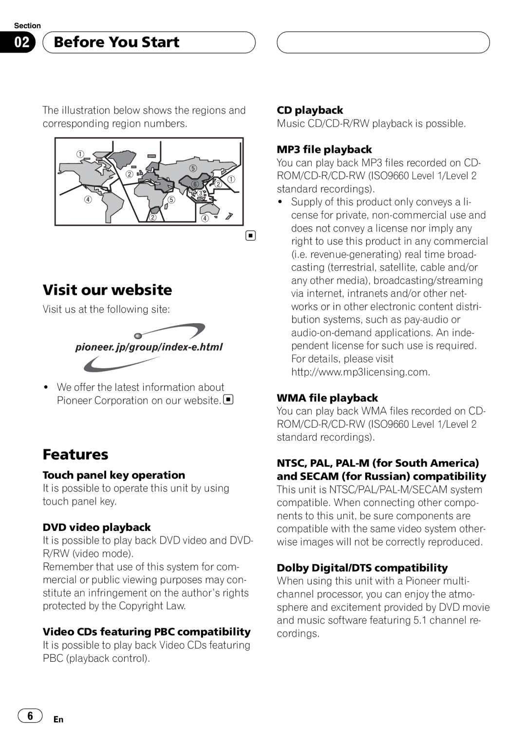 Pioneer AVH-P4950DVD operation manual Before You Start, Visit our website, Features 