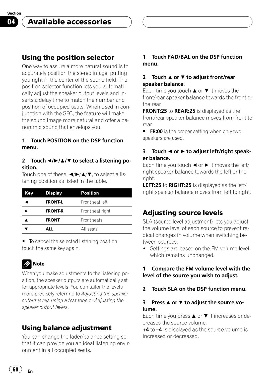 Pioneer AVH-P4950DVD operation manual Using the position selector, Using balance adjustment 