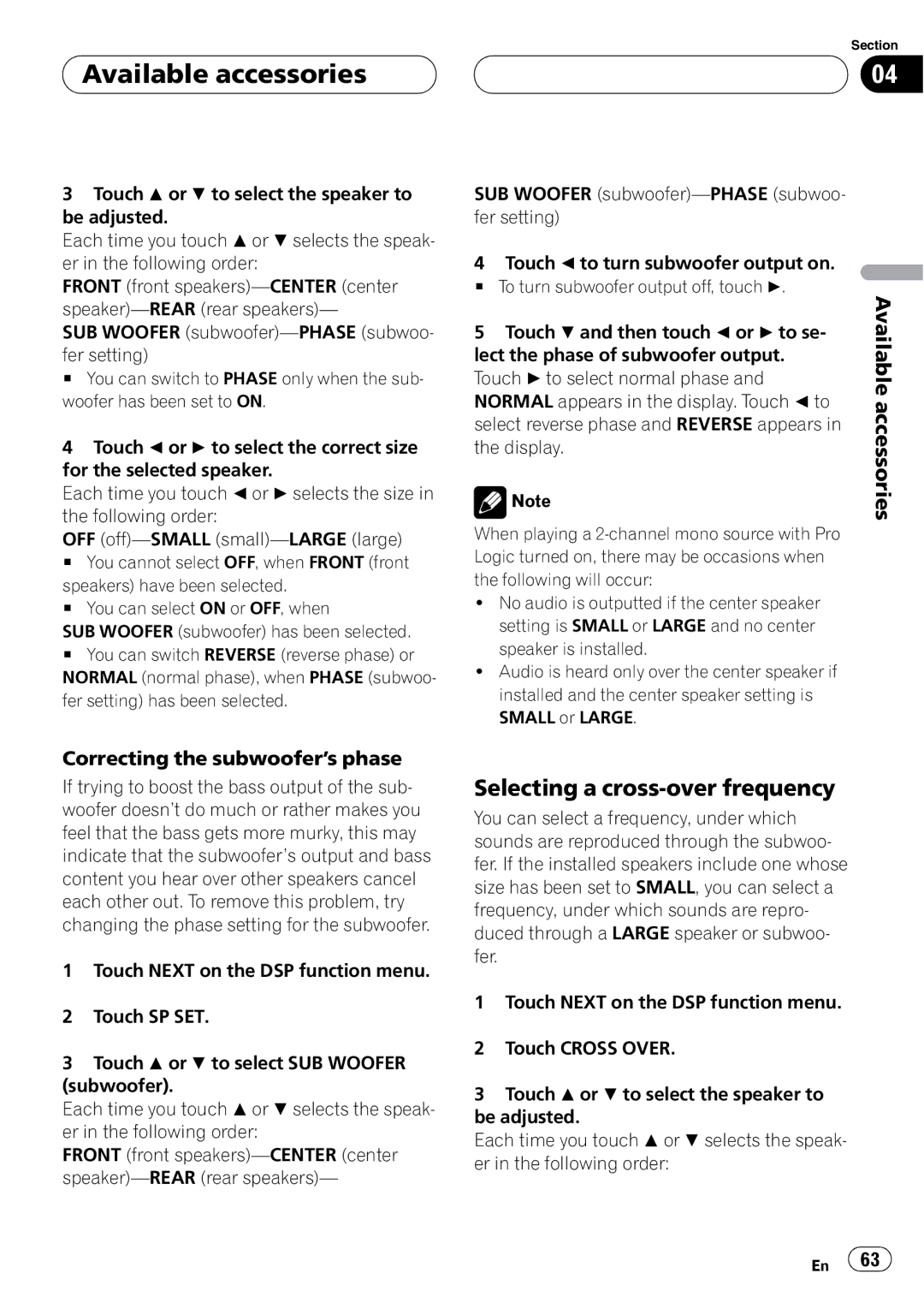 Pioneer AVH-P4950DVD operation manual Selecting a cross-over frequency, Correcting the subwoofer’s phase 