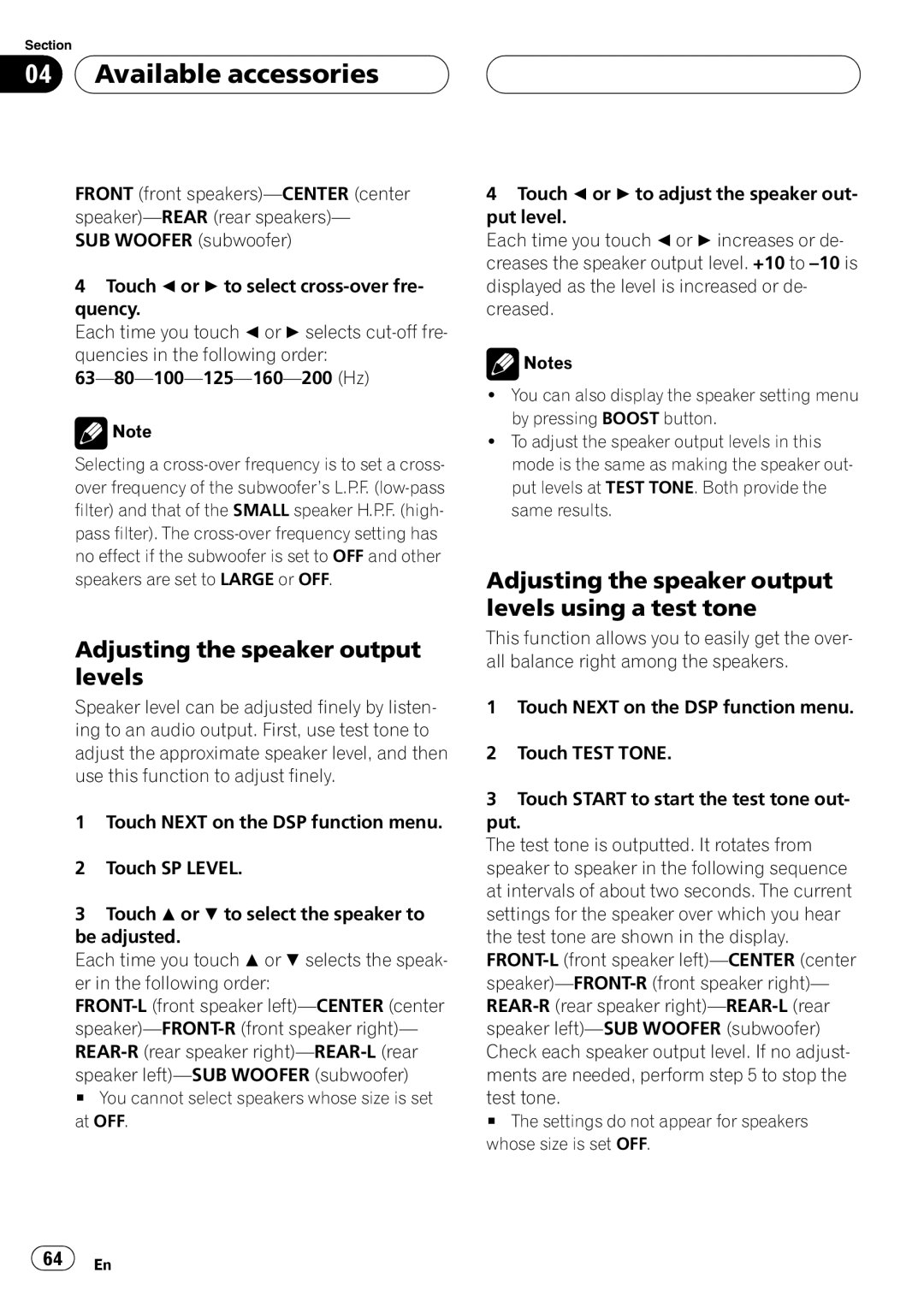 Pioneer AVH-P4950DVD operation manual Adjusting the speaker output levels using a test tone 