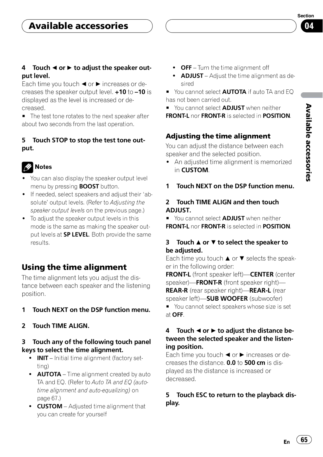 Pioneer AVH-P4950DVD operation manual Using the time alignment, Adjusting the time alignment 