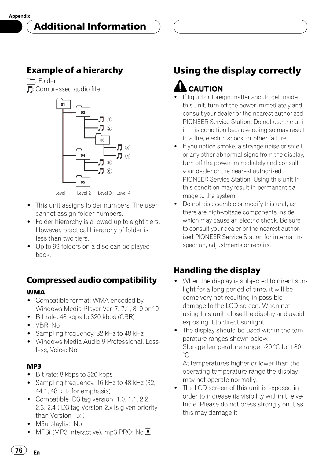 Pioneer AVH-P4950DVD operation manual Using the display correctly, Example of a hierarchy, Compressed audio compatibility 