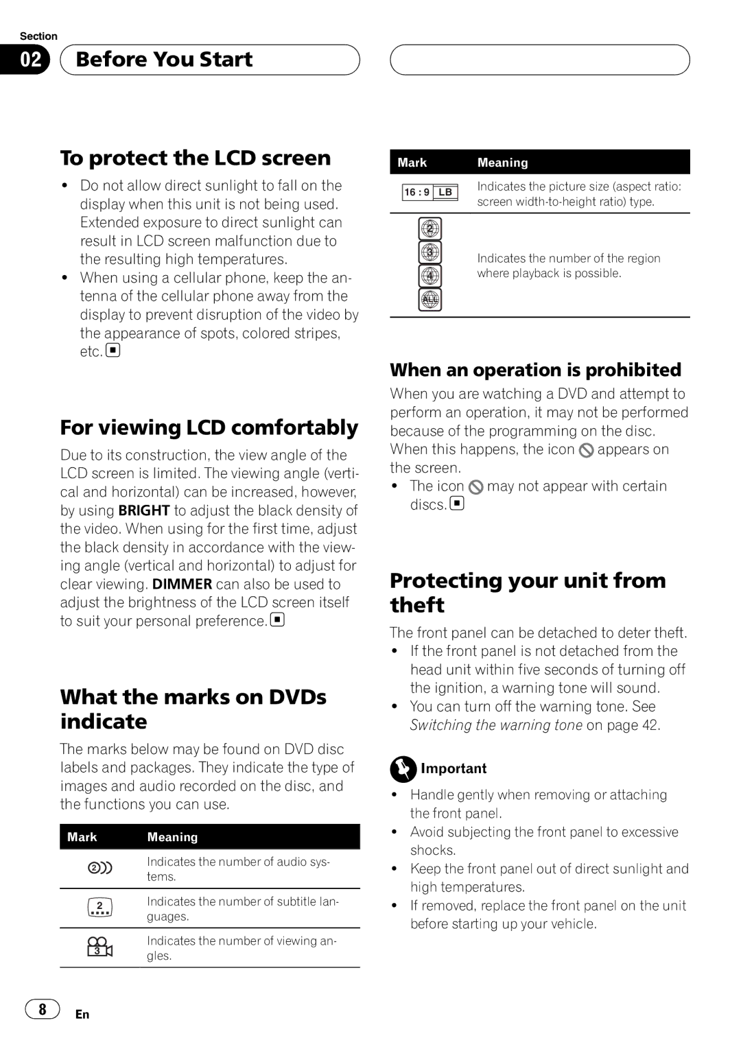 Pioneer AVH-P4950DVD operation manual Before You Start To protect the LCD screen, For viewing LCD comfortably 