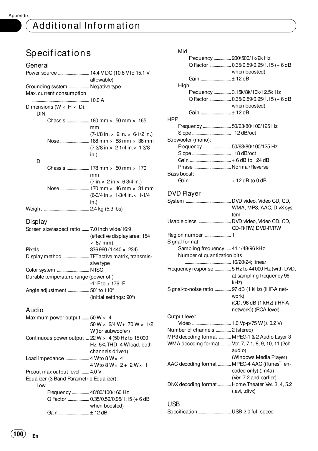 Pioneer AVH-P5000DVD operation manual Additional Information Specifications, 100 En, Usb 
