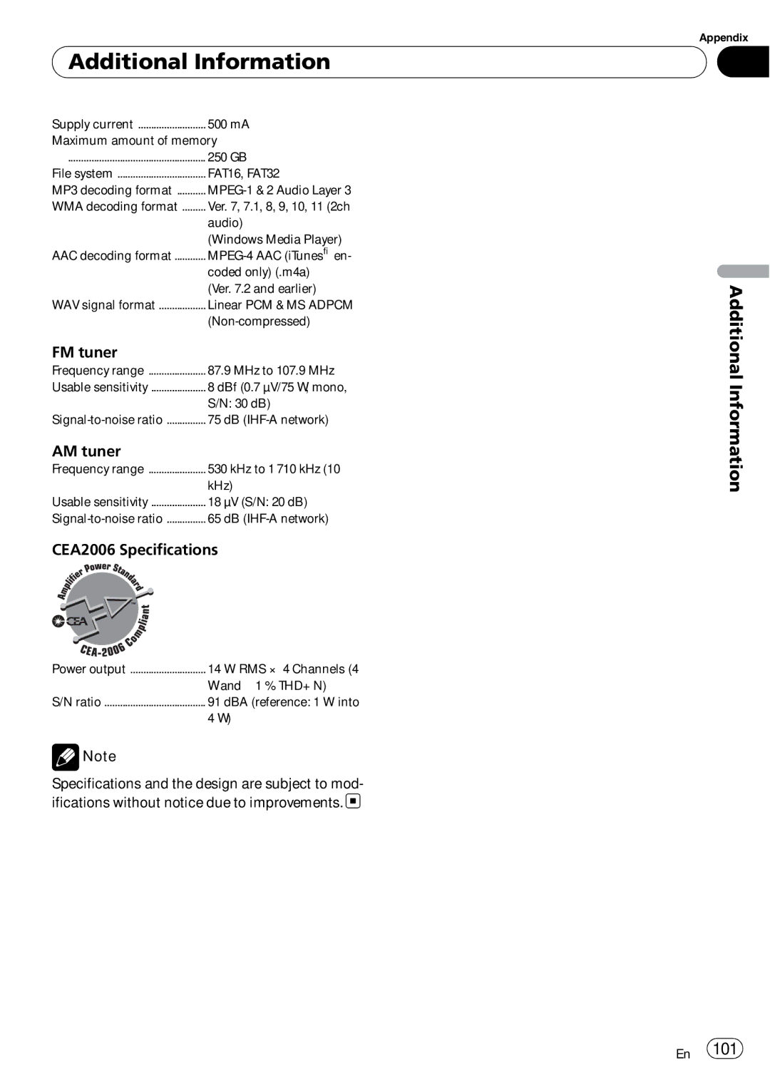 Pioneer AVH-P5000DVD operation manual FM tuner, AM tuner, CEA2006 Specifications 