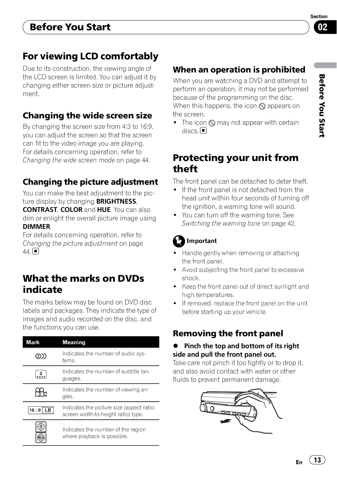 Pioneer AVH-P5000DVD operation manual Before You Start For viewing LCD comfortably, Protecting your unit from theft 