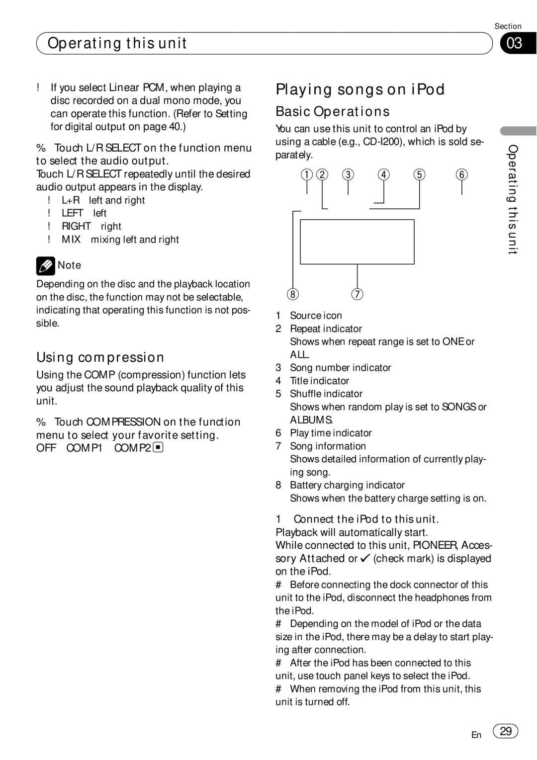 Pioneer AVH-P5000DVD operation manual Playing songs on iPod, Using compression, Parately. Operating thisunit, Albums, IPod 