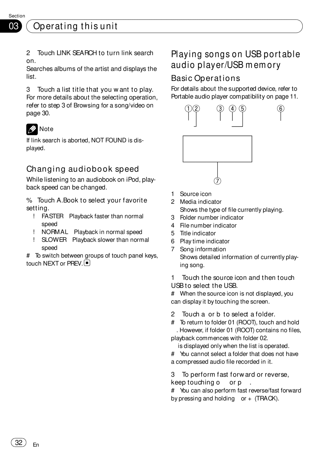 Pioneer AVH-P5000DVD operation manual Playing songs on USB portable, Audio player/USB memory, Changing audiobook speed 