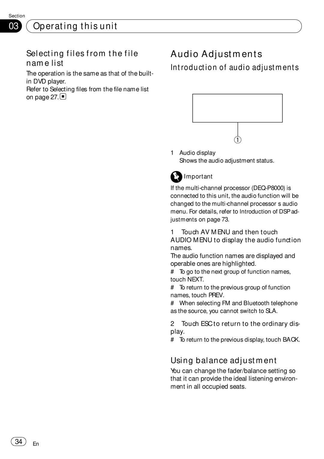 Pioneer AVH-P5000DVD Audio Adjustments, Selecting files from the file, Name list Introduction of audio adjustments 