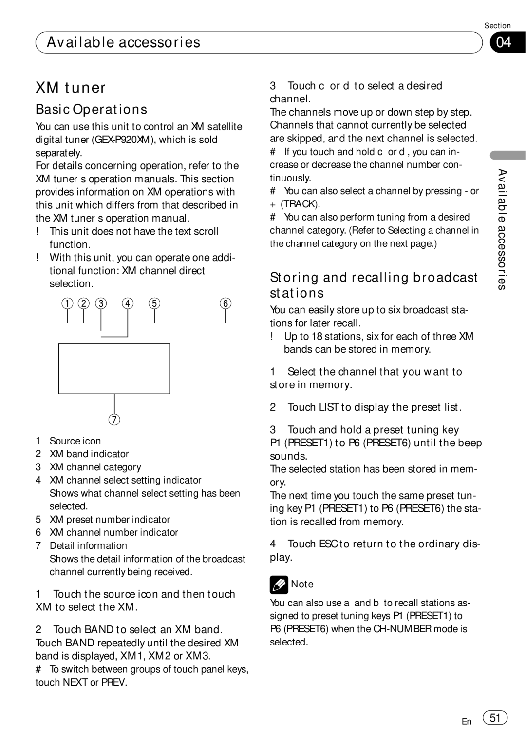 Pioneer AVH-P5000DVD operation manual Available accessories XM tuner, Storing and recalling broadcast stations 