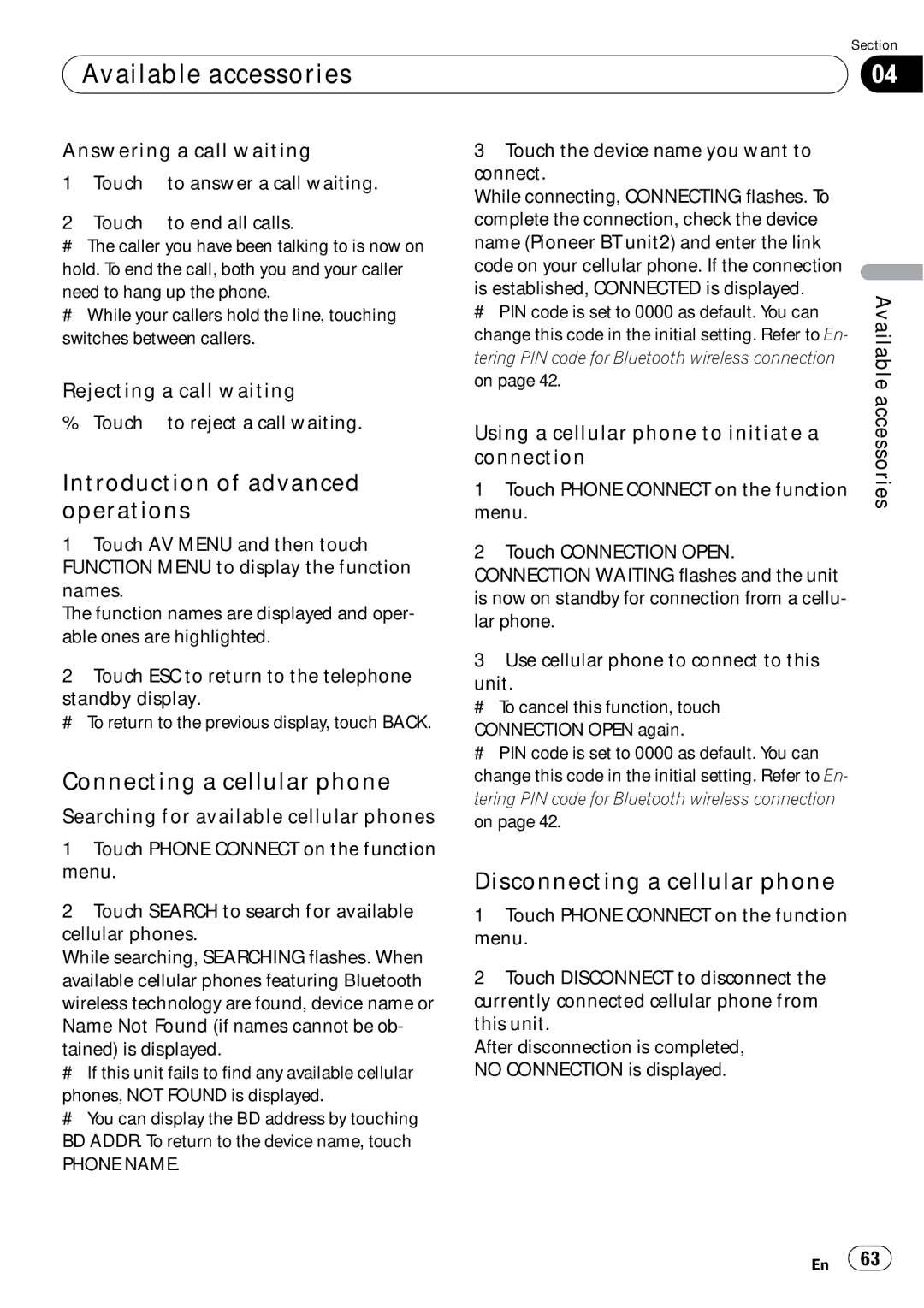 Pioneer AVH-P5000DVD operation manual Connecting a cellular phone, Disconnecting a cellular phone 