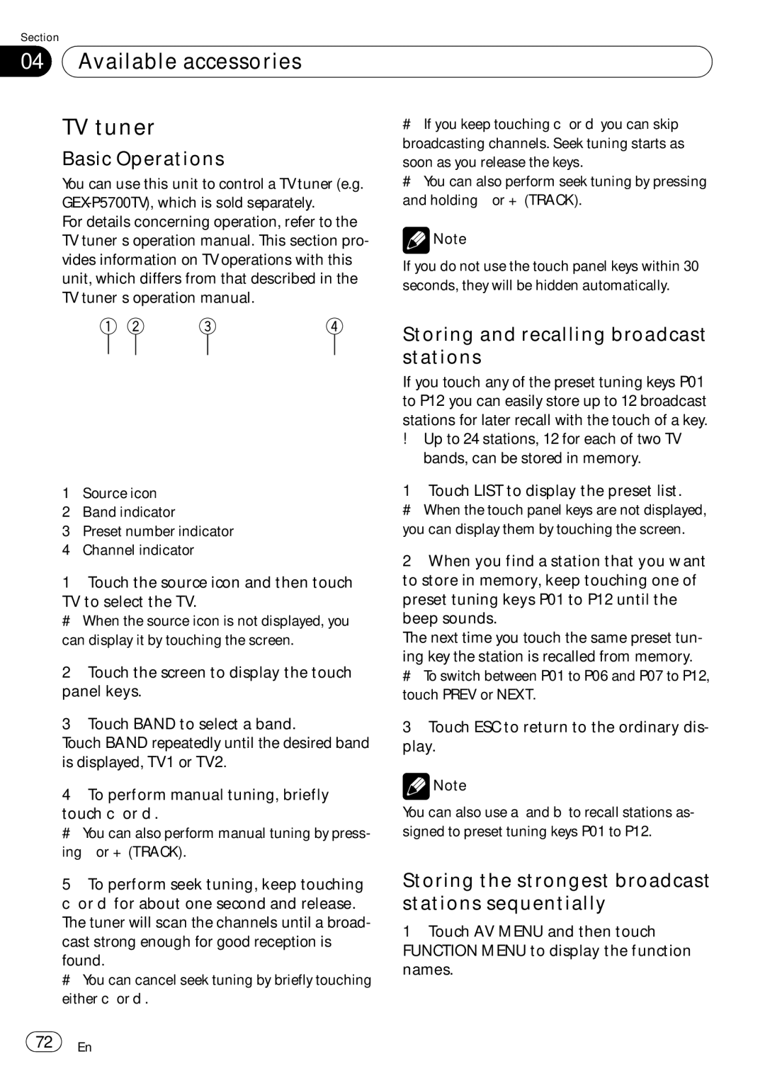 Pioneer AVH-P5000DVD operation manual Available accessories TV tuner, Storing the strongest broadcast stations sequentially 