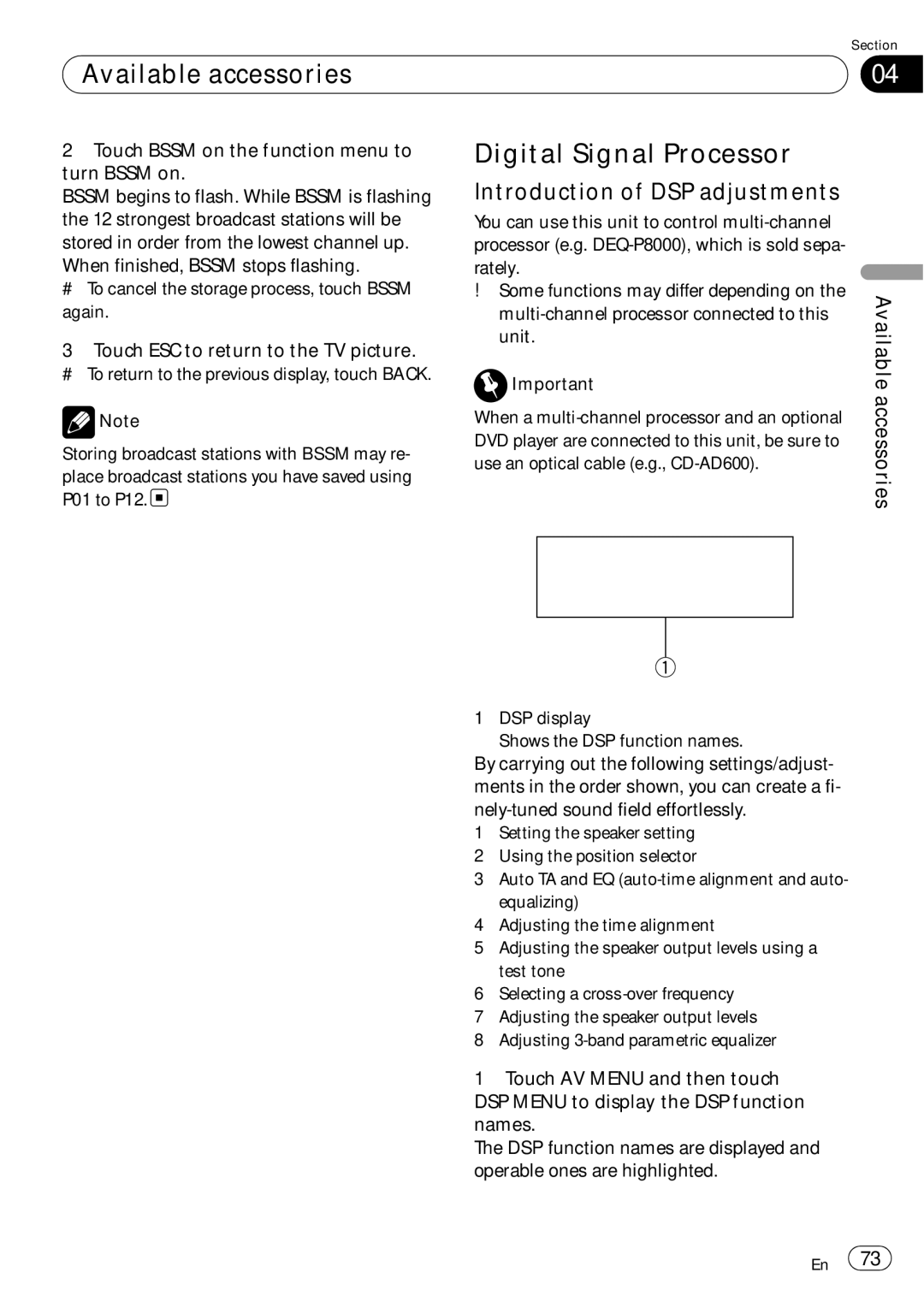 Pioneer AVH-P5000DVD operation manual Digital Signal Processor, Introduction of DSP adjustments 