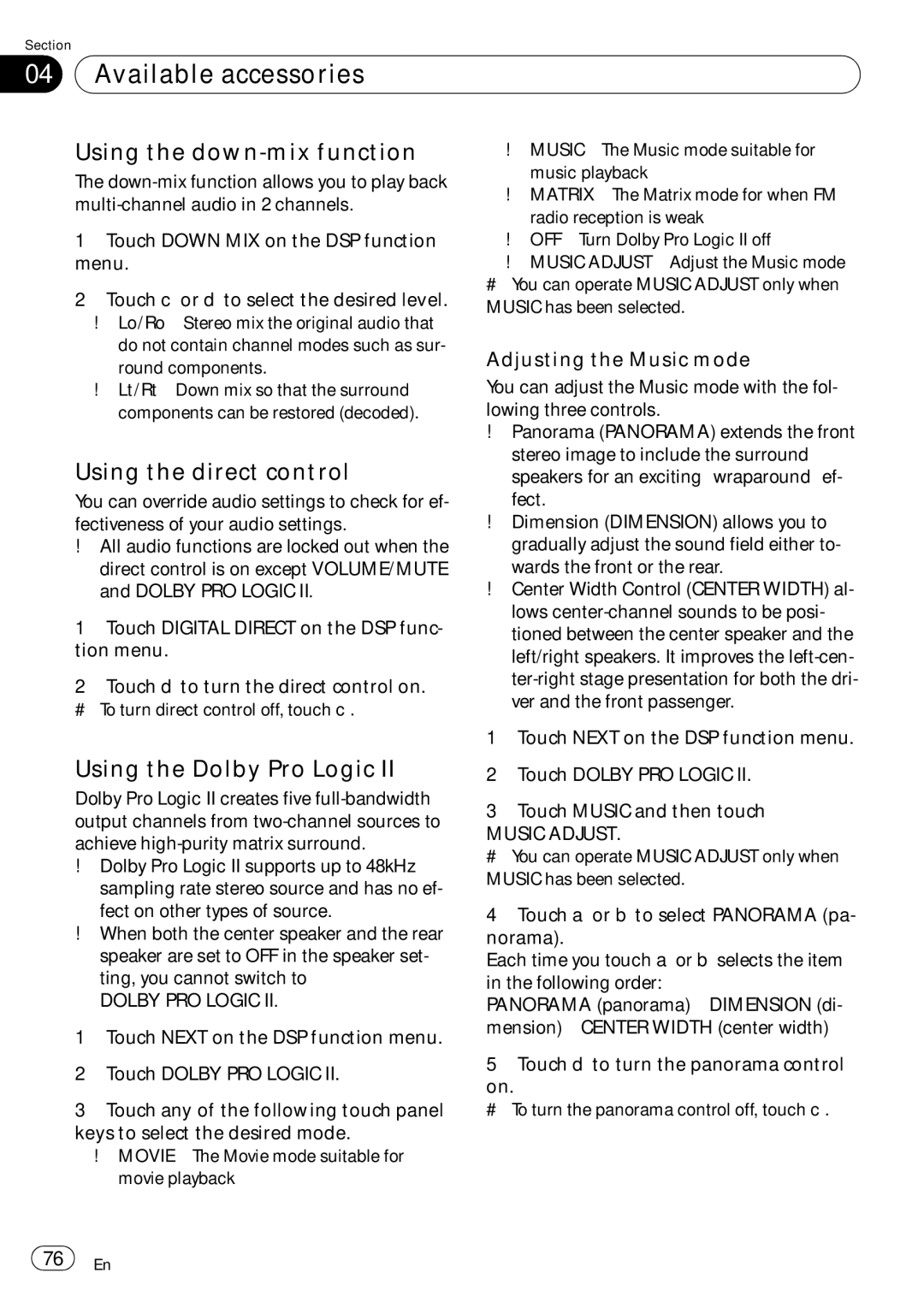 Pioneer AVH-P5000DVD operation manual Using the down-mix function, Using the direct control, Using the Dolby Pro Logic 