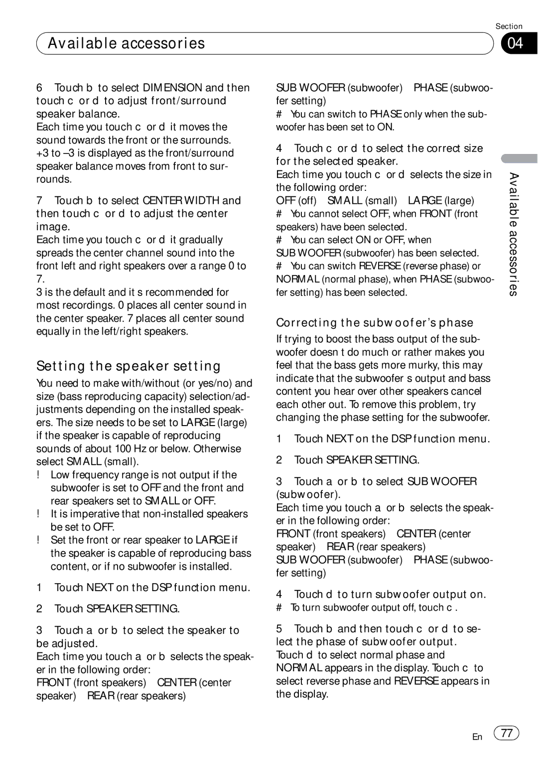 Pioneer AVH-P5000DVD operation manual Setting the speaker setting, Correcting the subwoofer’s phase 