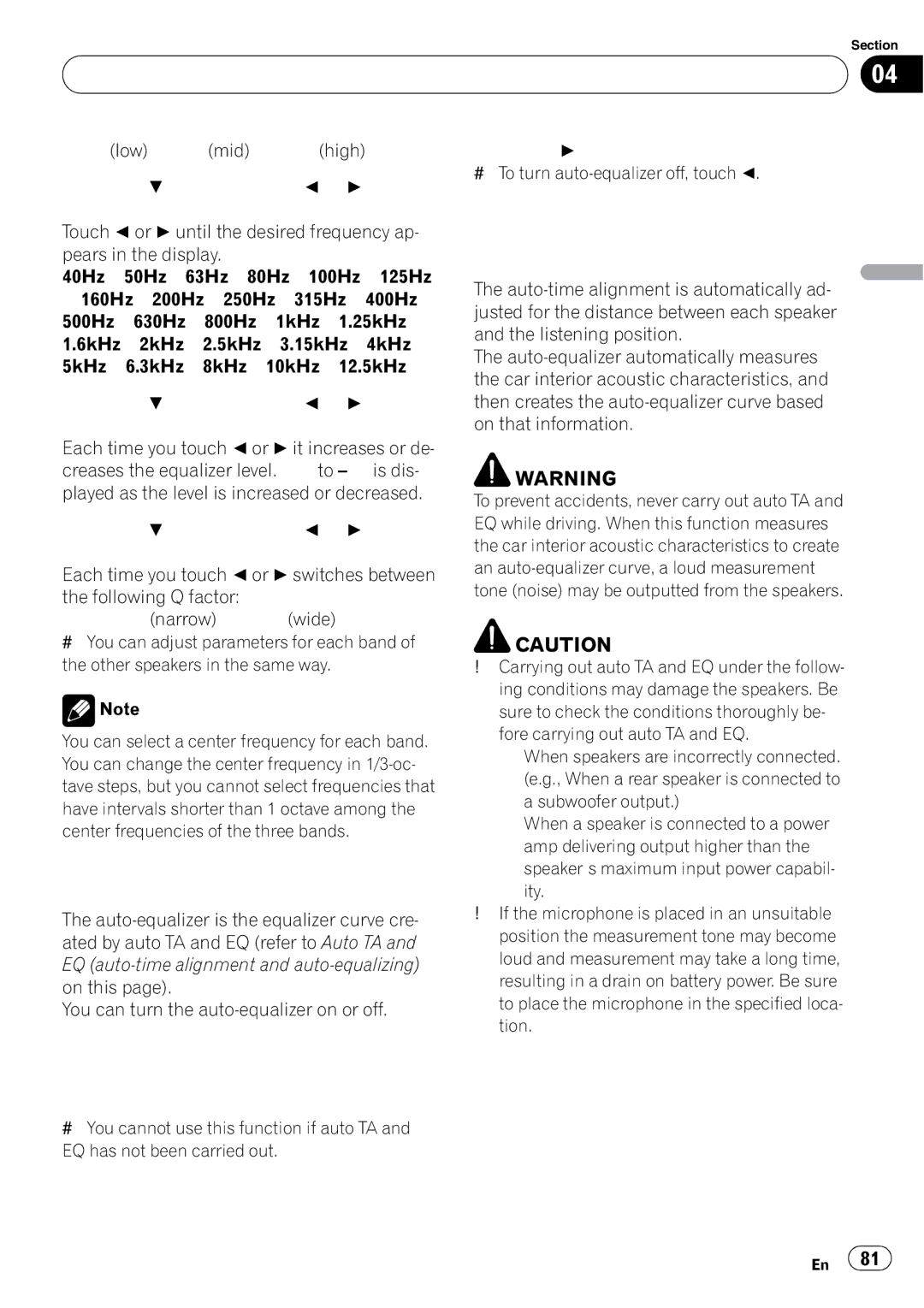 Pioneer AVH-P5000DVD operation manual Using the auto-equalizer, Auto TA and EQ auto-time alignment and auto-equalizing 