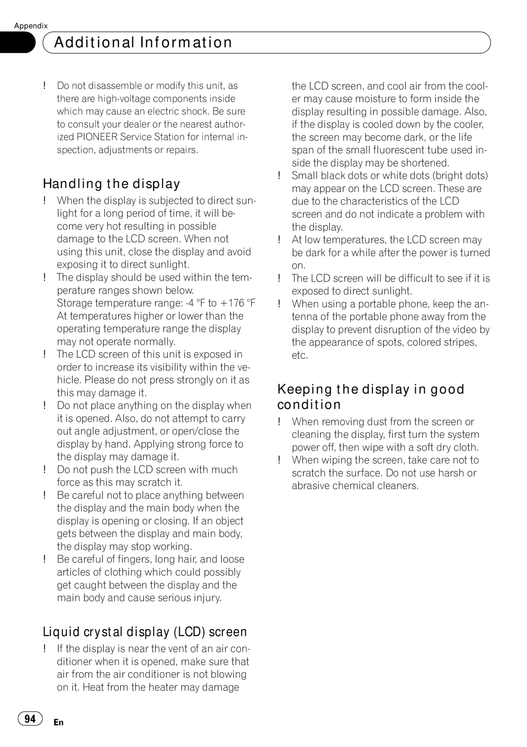 Pioneer AVH-P5000DVD Handling the display, Keeping the display in good condition, Liquid crystal display LCD screen 