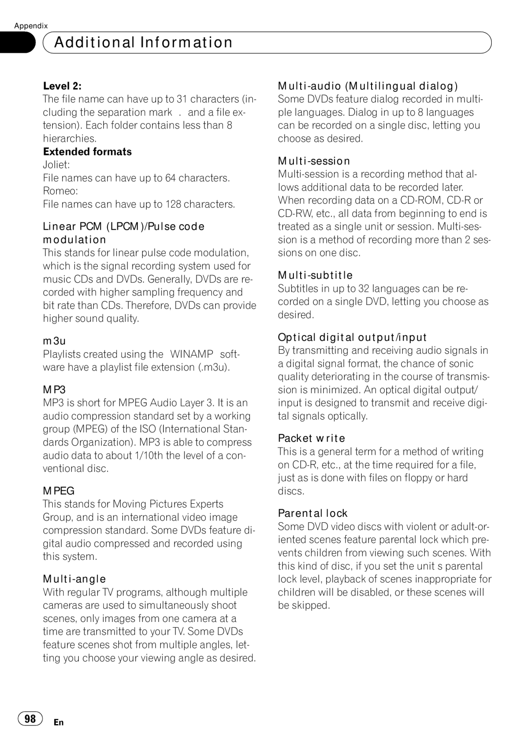 Pioneer AVH-P5000DVD operation manual Additional Information, Mpeg 