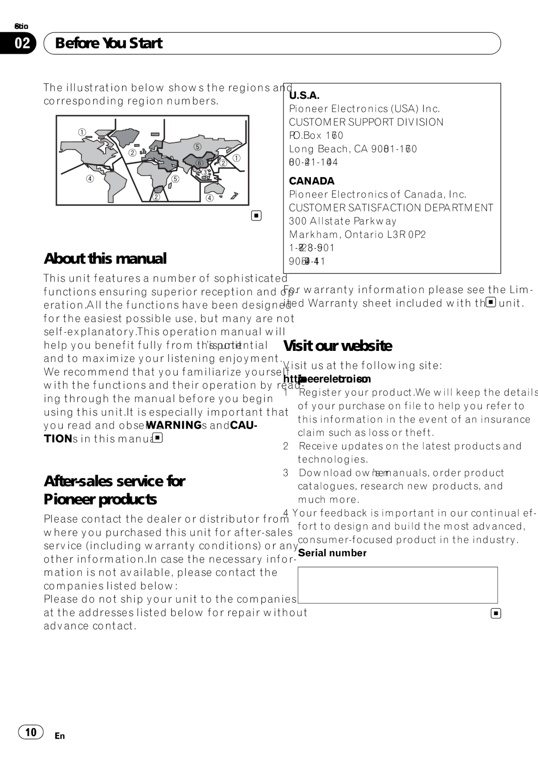 Pioneer AVH-P5100DVD operation manual About this manual After-sales service for Pioneer products, Visit our website, Canada 